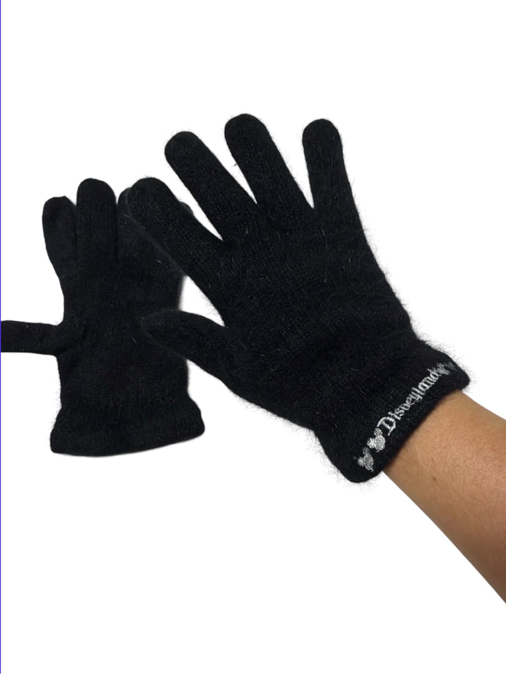 Disney Black Fuzzy ladies gloves White Disneyland Script wool blend Small medium